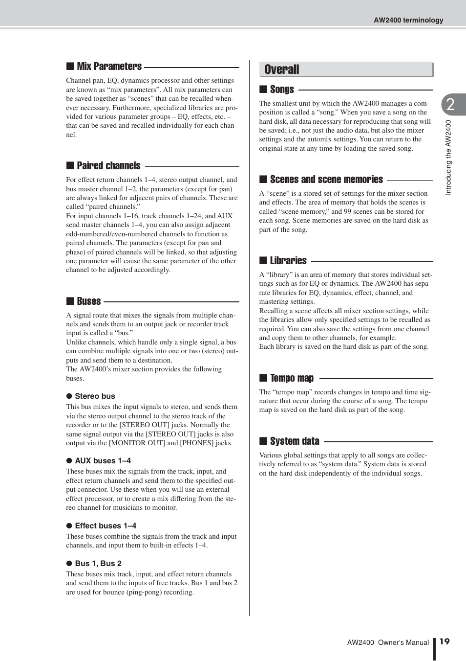 Overall, Mix parameters ■ paired channels ■ buses | Yamaha AW2400 User Manual | Page 19 / 288
