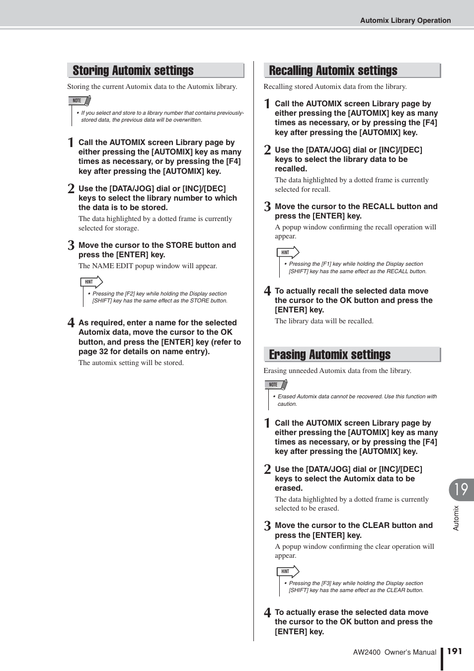 Storing automix settings, Recalling automix settings, Erasing automix settings | Yamaha AW2400 User Manual | Page 191 / 288