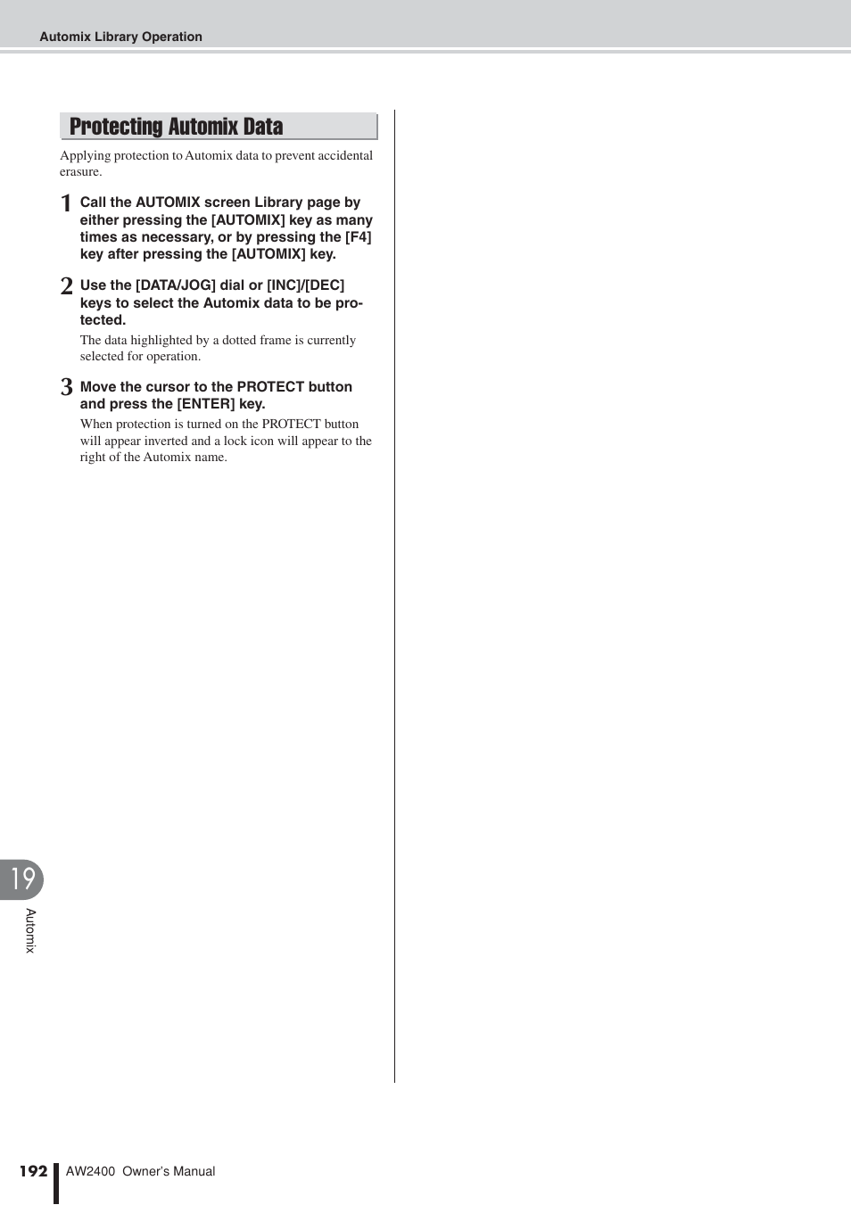 Protecting automix data | Yamaha AW2400 User Manual | Page 192 / 288