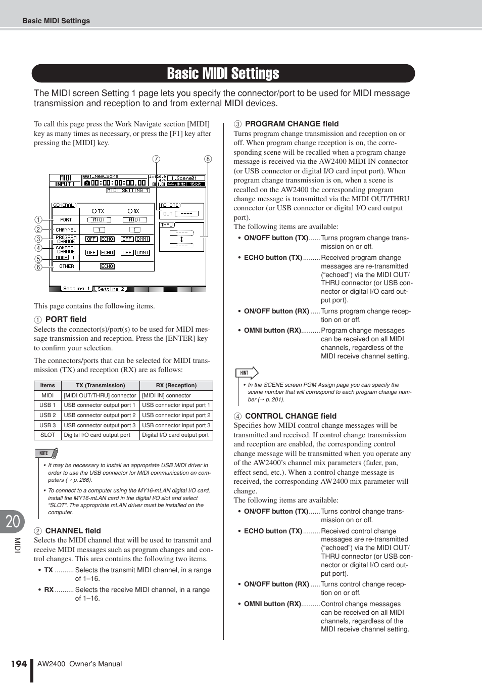 Basic midi settings | Yamaha AW2400 User Manual | Page 194 / 288