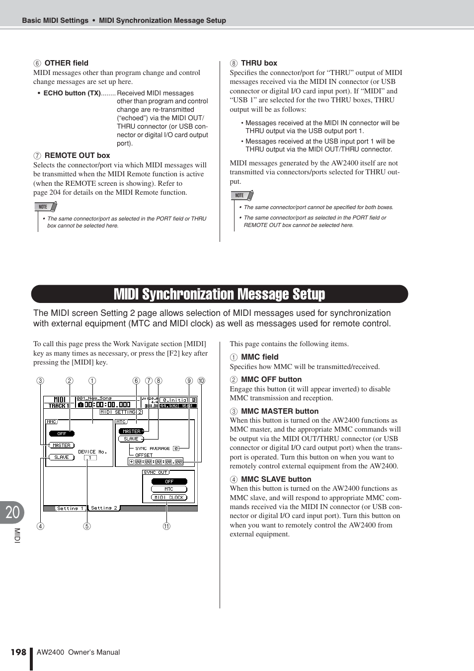 Midi synchronization message setup | Yamaha AW2400 User Manual | Page 198 / 288