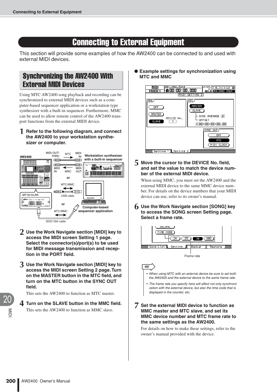 Connecting to external equipment, Synchronizing the aw2400, With external midi devices | Yamaha AW2400 User Manual | Page 200 / 288