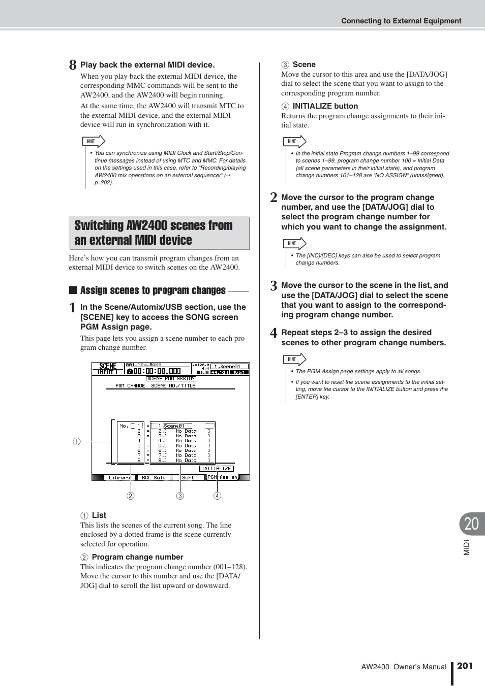Switching aw2400 scenes, From an external midi device, P. 201) | Assign scenes to program changes | Yamaha AW2400 User Manual | Page 201 / 288