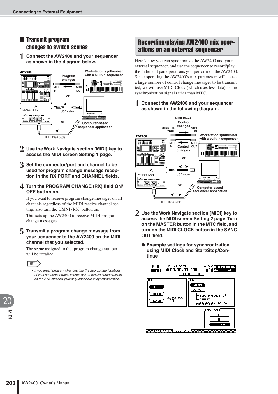 Recording/playing aw2400, Mix operations on an external sequencer, Transmit program changes to switch scenes | Yamaha AW2400 User Manual | Page 202 / 288