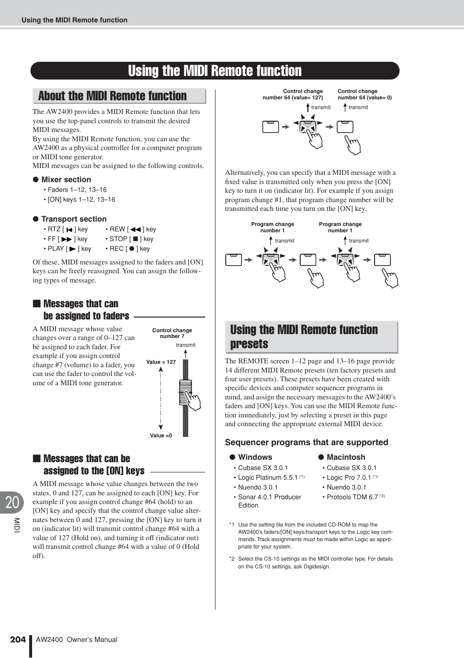 Using the midi remote function, About the midi remote function, Using the midi remote function presets | Messages that can be assigned to faders, Messages that can be assigned to the [on] keys | Yamaha AW2400 User Manual | Page 204 / 288