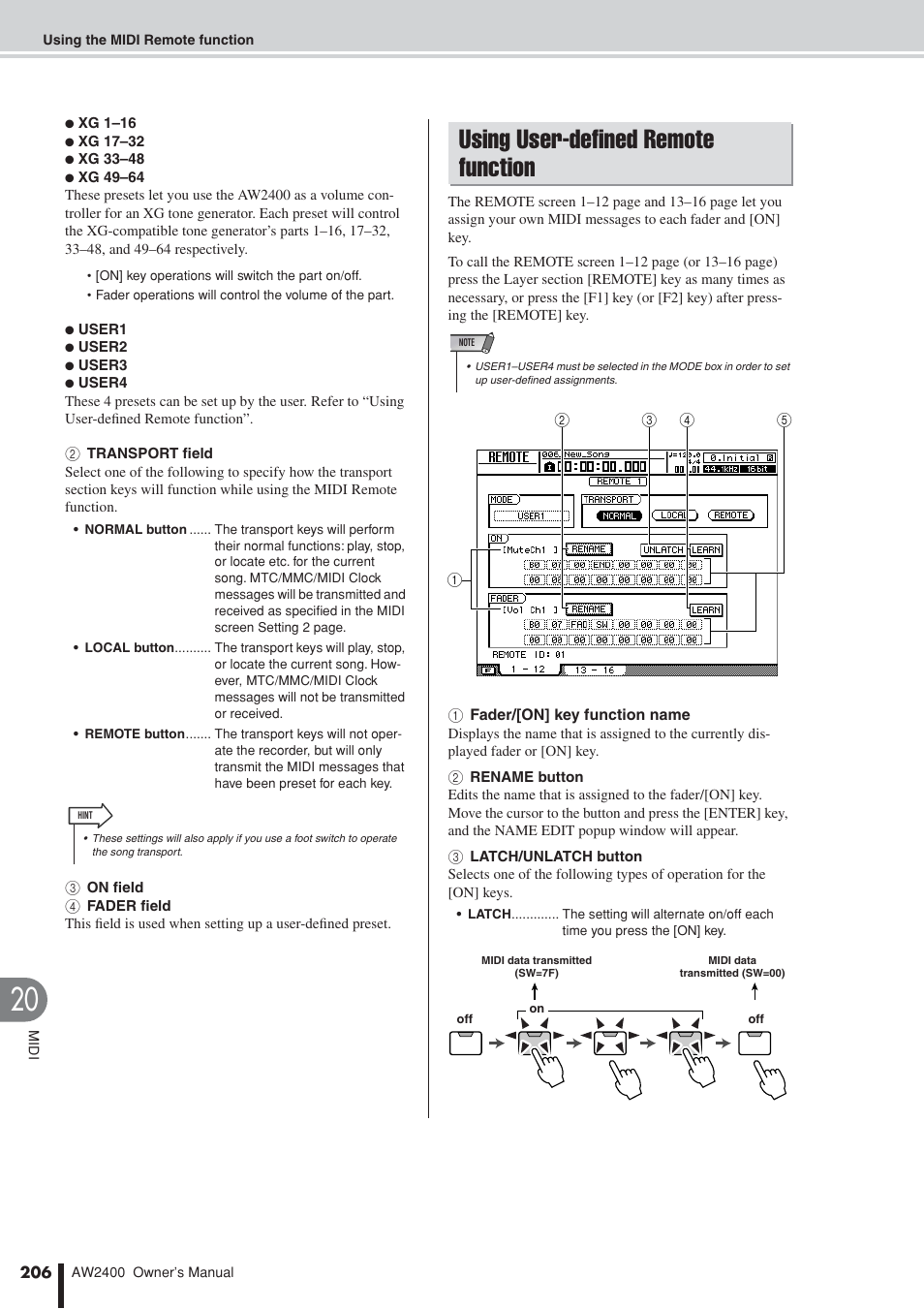 Using user-defined remote function | Yamaha AW2400 User Manual | Page 206 / 288