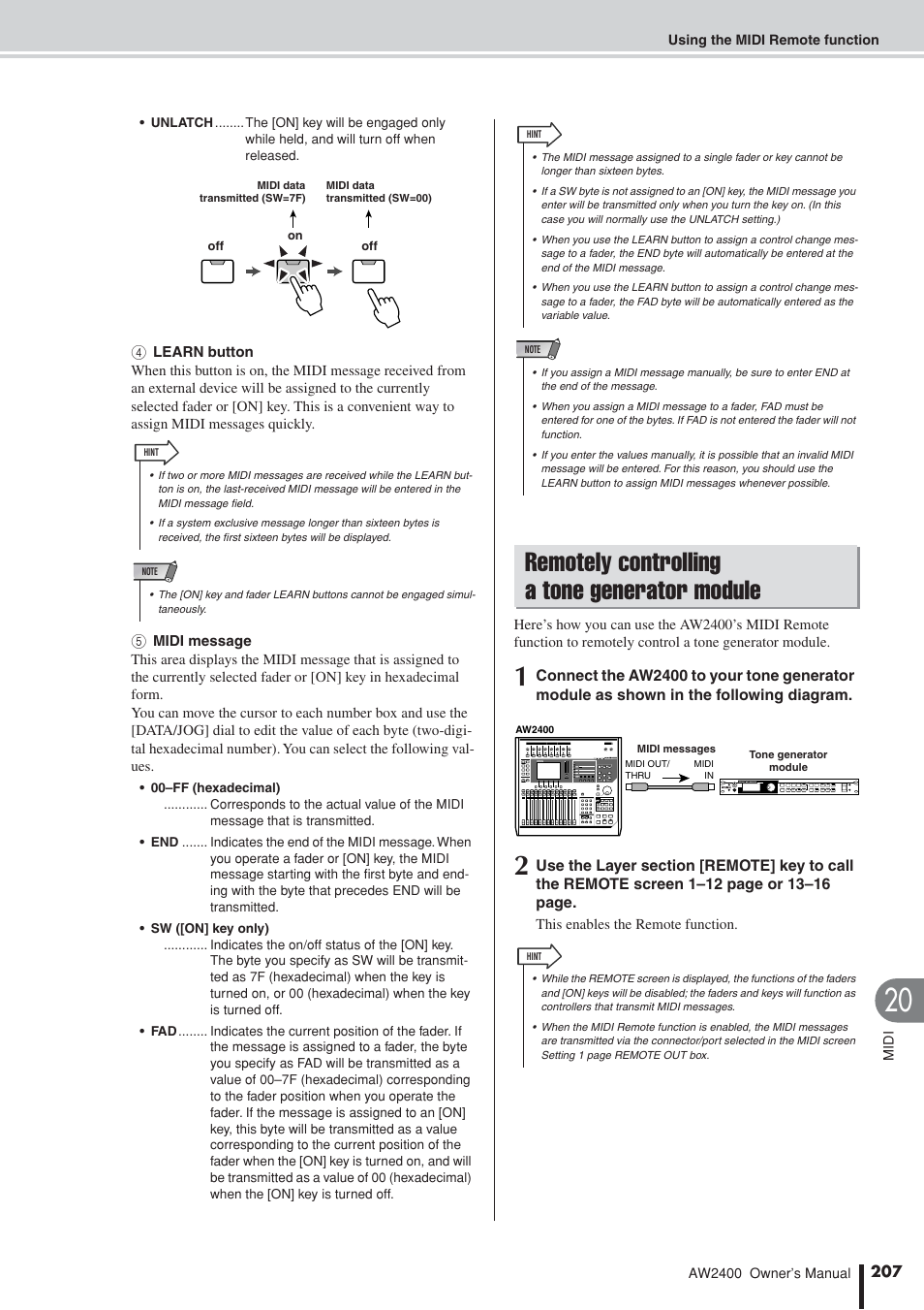 Remotely controlling a tone generator module | Yamaha AW2400 User Manual | Page 207 / 288