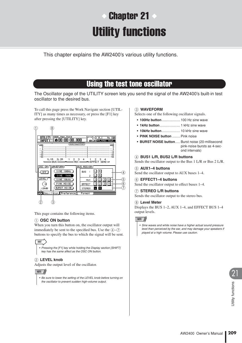 Utility functions, Using the test tone oscillator, Chapter 21 | Yamaha AW2400 User Manual | Page 209 / 288