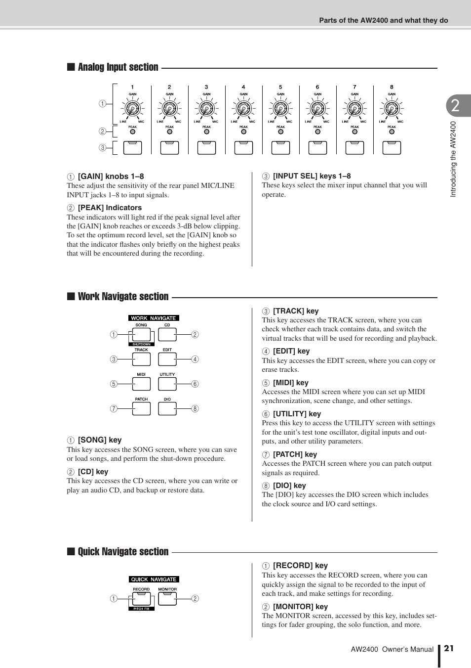 Work navigate section (p. 21), Analog input section (p. 21), Quick navigate section (p. 21) | Yamaha AW2400 User Manual | Page 21 / 288