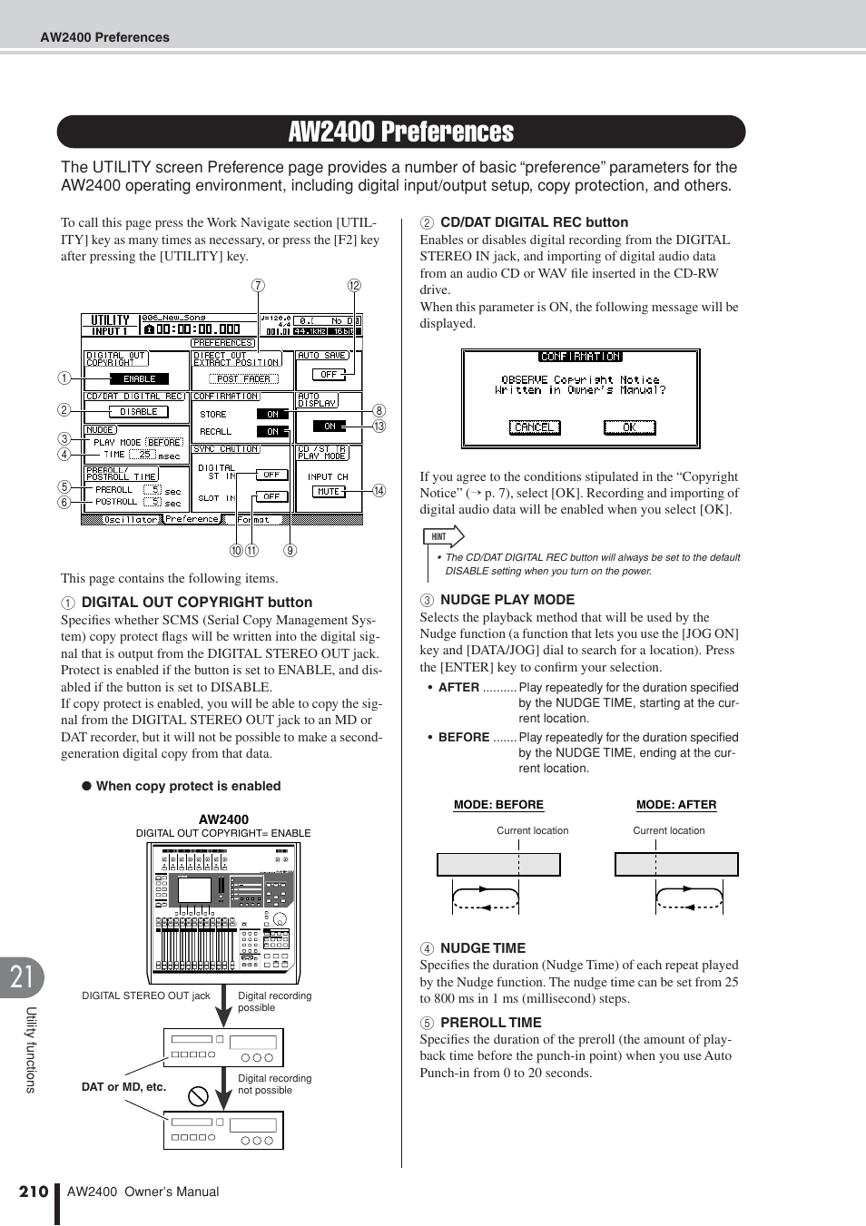 Aw2400 preferences, Ange of 0–20 seconds, P. 210, 211) | Yamaha AW2400 User Manual | Page 210 / 288