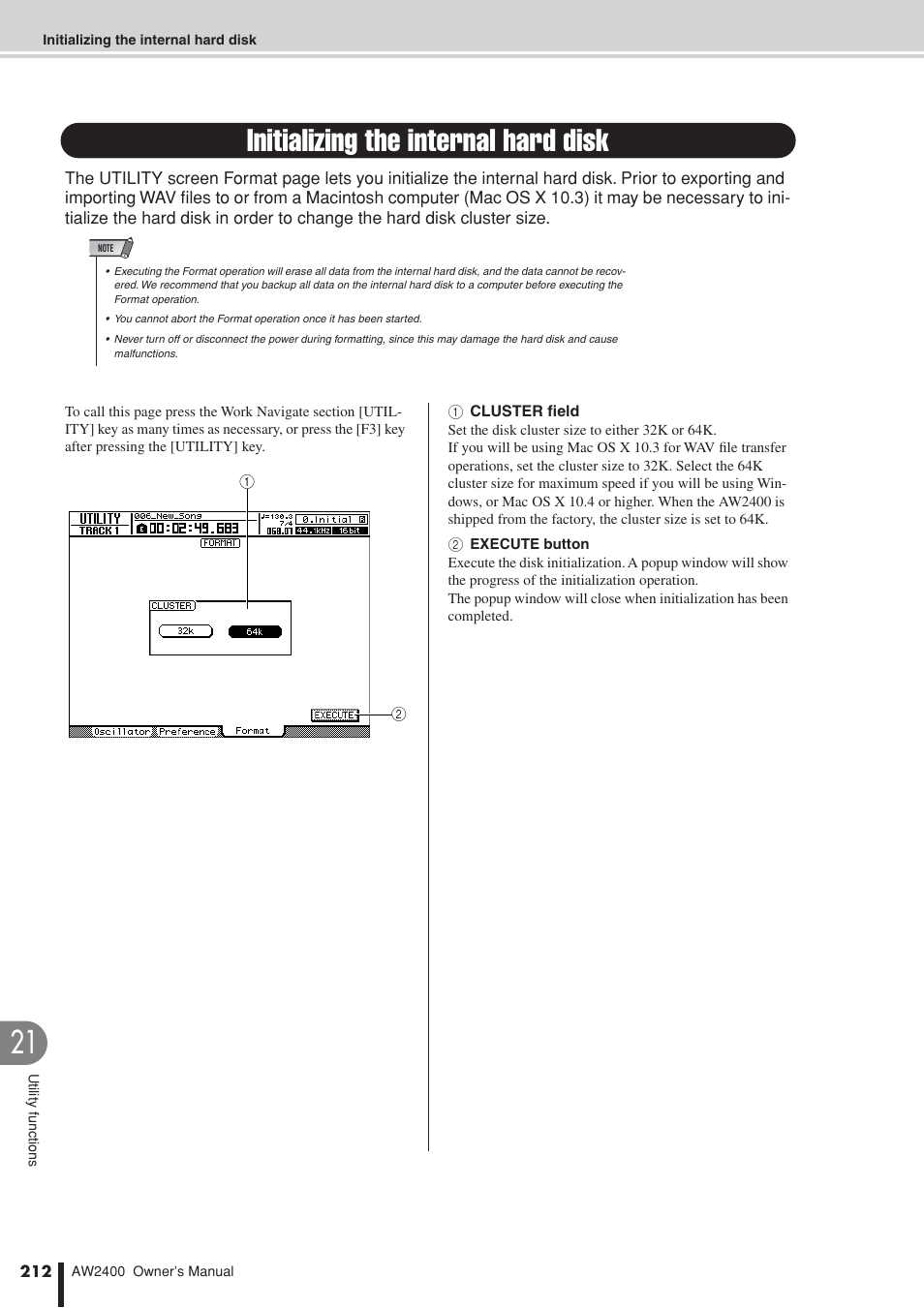 Initializing the internal hard disk | Yamaha AW2400 User Manual | Page 212 / 288