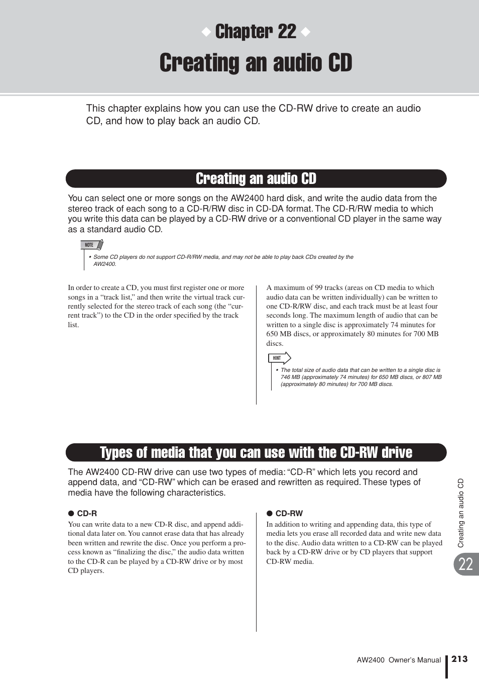 Creating an audio cd, Chapter 22 | Yamaha AW2400 User Manual | Page 213 / 288