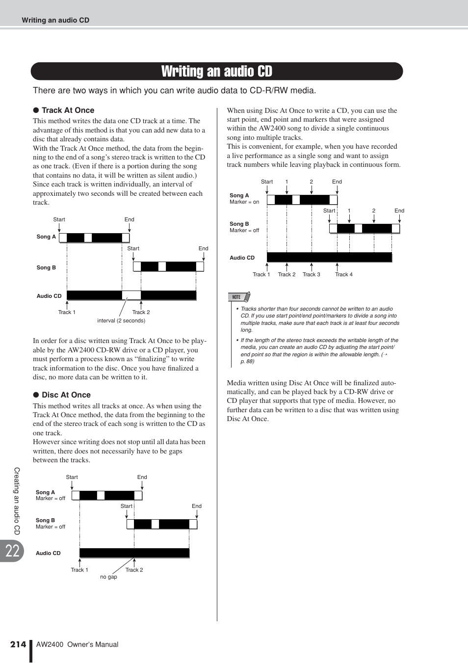 Writing an audio cd, P. 214), Audio cd | Yamaha AW2400 User Manual | Page 214 / 288