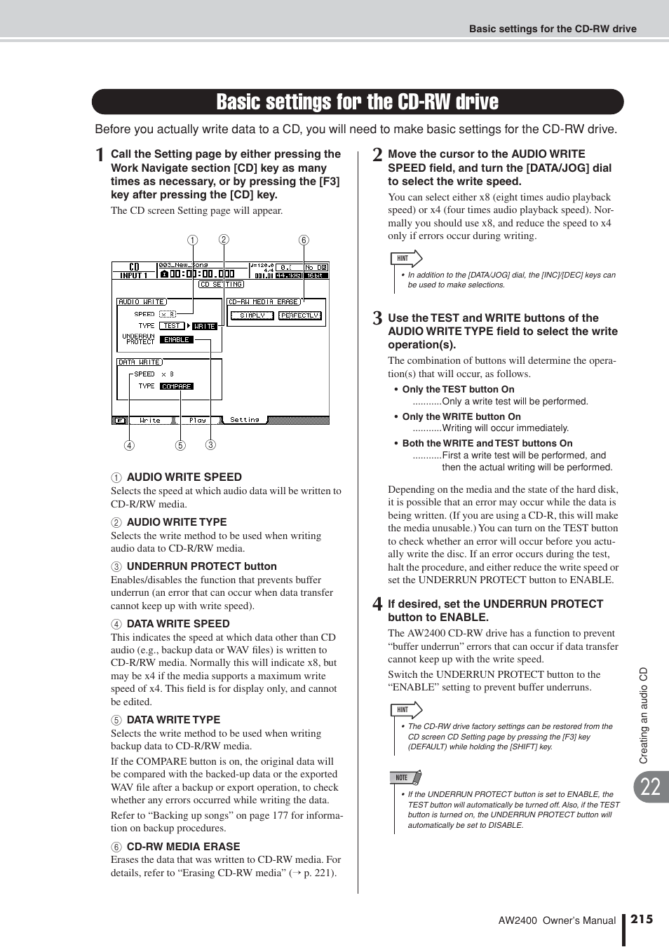 Basic settings for the cd-rw drive | Yamaha AW2400 User Manual | Page 215 / 288