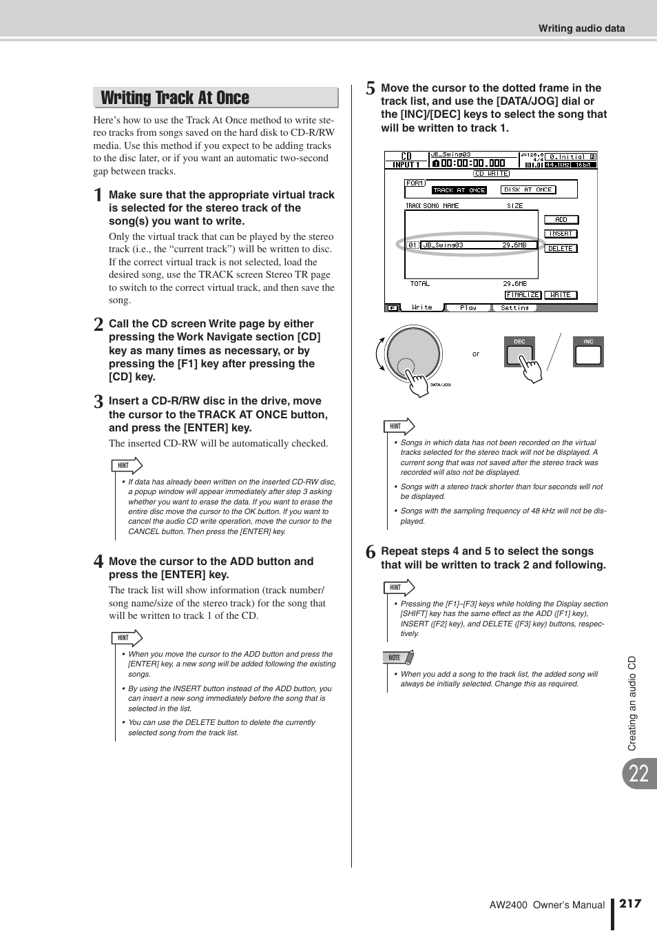 Writing track at once | Yamaha AW2400 User Manual | Page 217 / 288