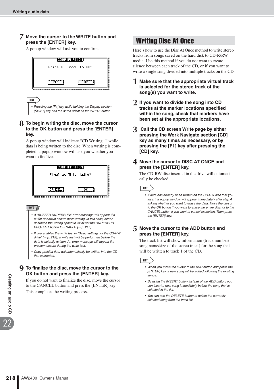 Writing disc at once | Yamaha AW2400 User Manual | Page 218 / 288