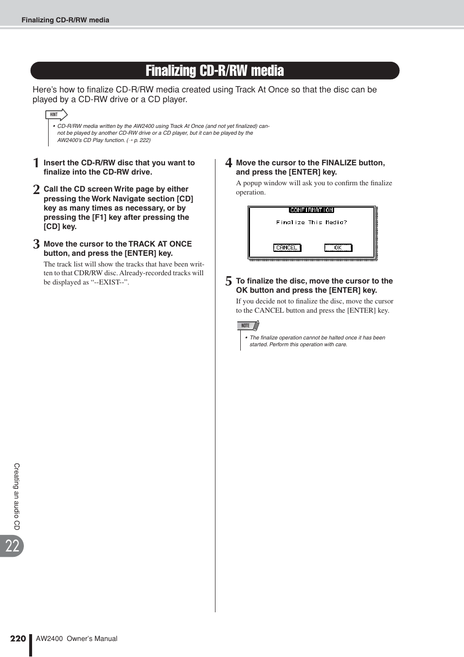 Finalizing cd-r/rw media | Yamaha AW2400 User Manual | Page 220 / 288