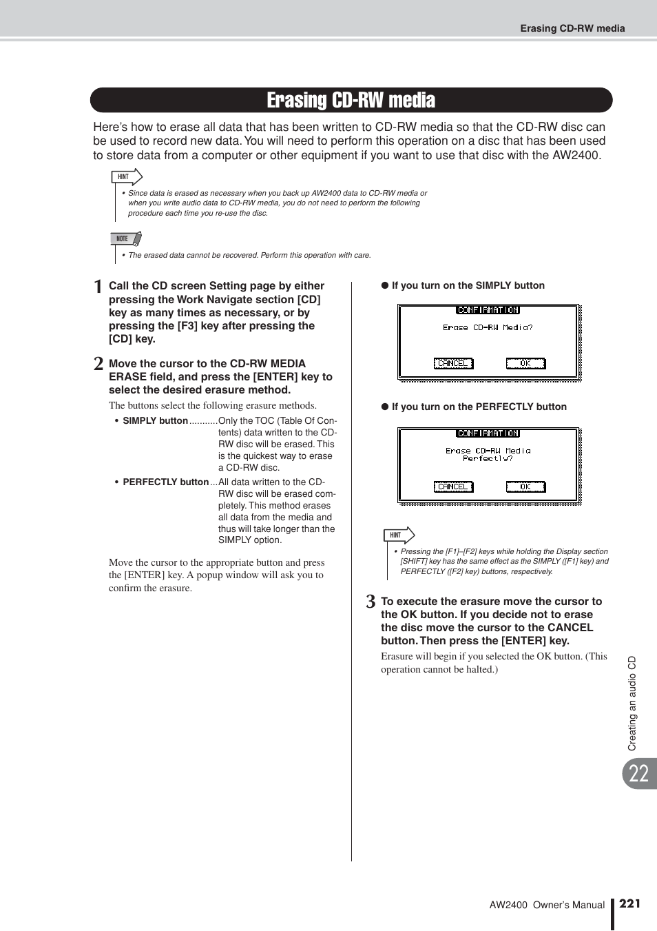 Erasing cd-rw media | Yamaha AW2400 User Manual | Page 221 / 288