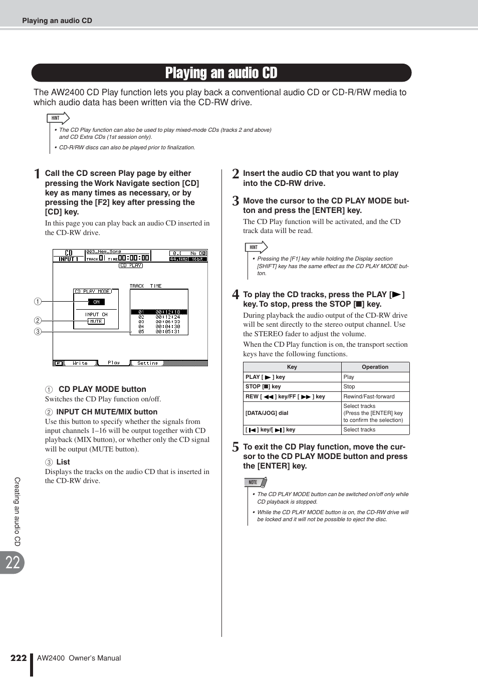 Playing an audio cd | Yamaha AW2400 User Manual | Page 222 / 288