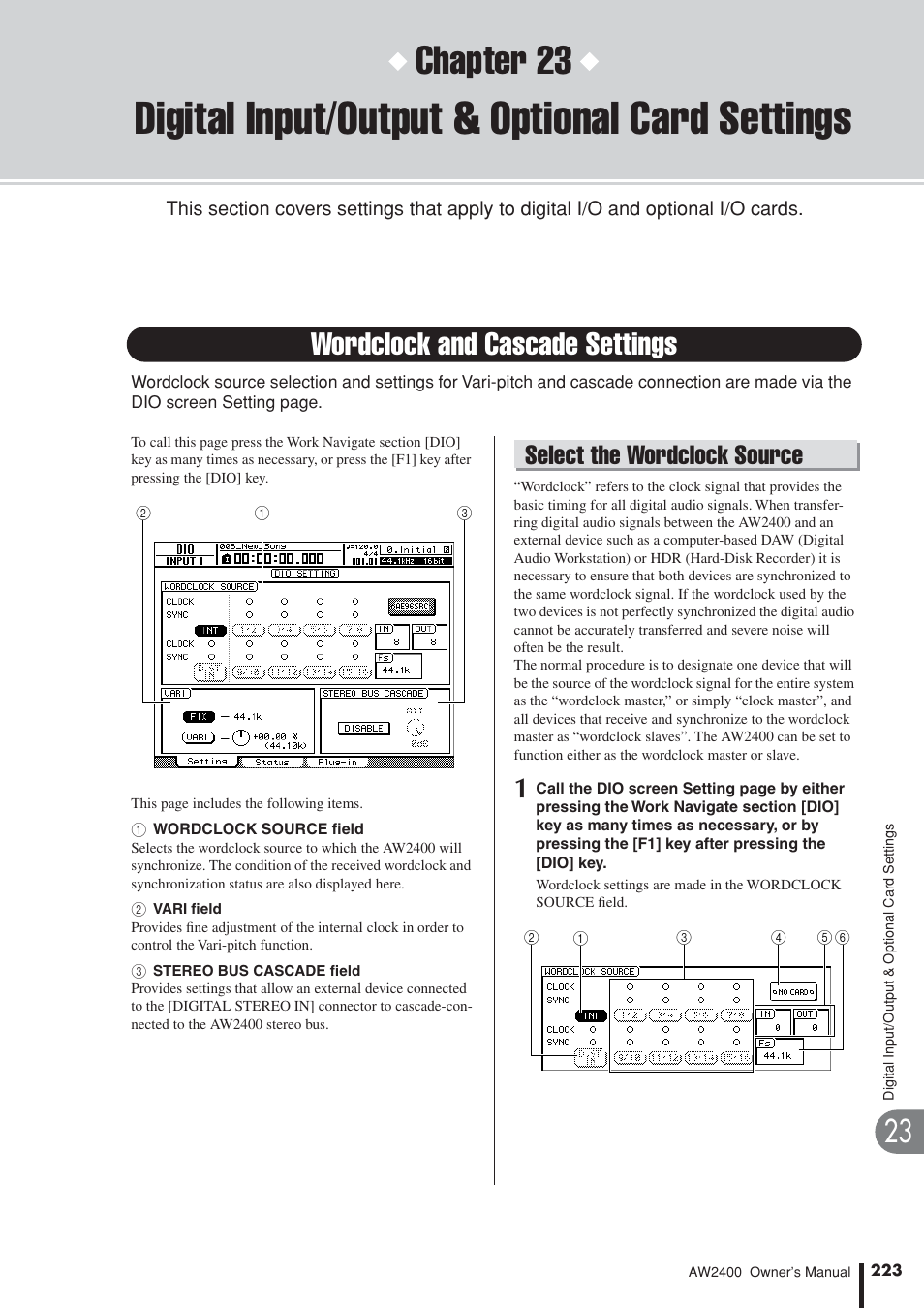 Digital input/output & optional card settings, Wordclock and cascade settings, Select the wordclock source | Chapter 23 | Yamaha AW2400 User Manual | Page 223 / 288