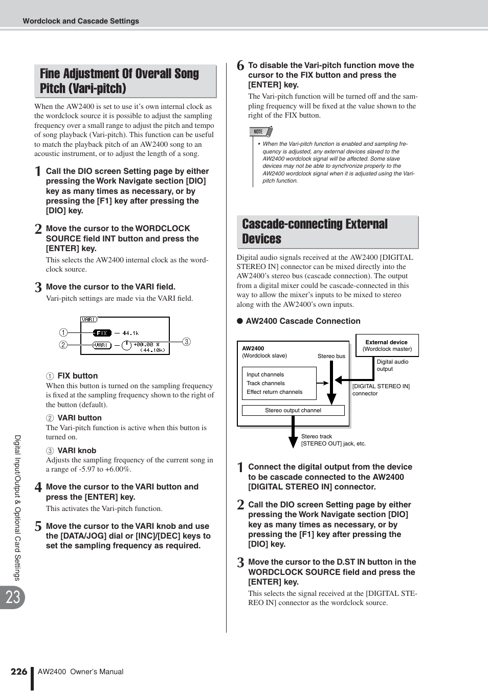 Fine adjustment of overall song pitch (vari-pitch), Cascade-connecting external devices, Fine adjustment of overall | Song pitch (vari-pitch) | Yamaha AW2400 User Manual | Page 226 / 288