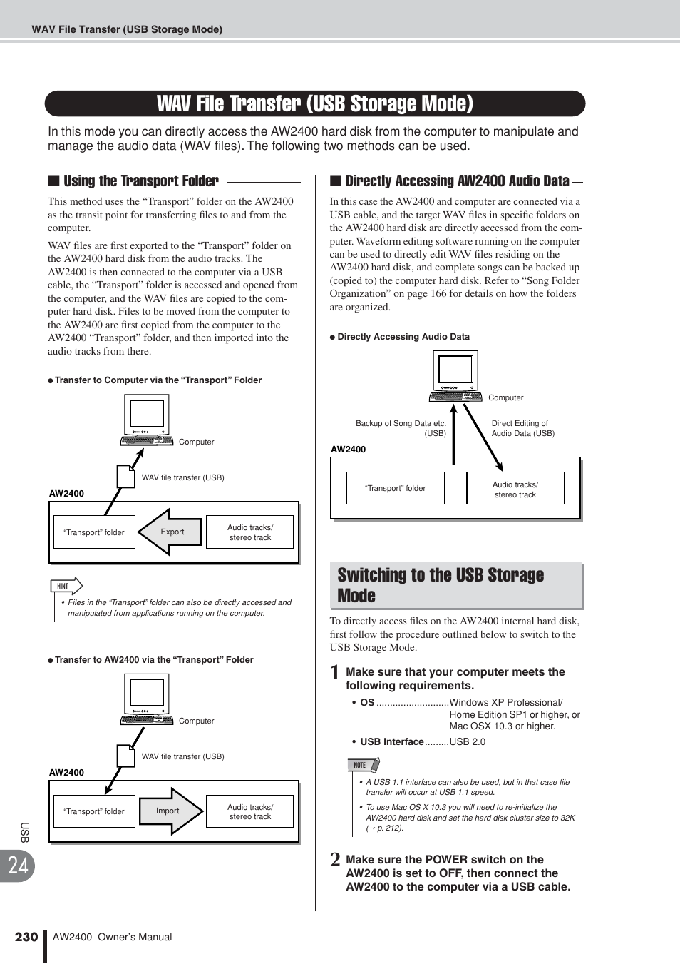 Wav file transfer (usb storage mode), Switching to the usb storage mode, Using the transport folder | Directly accessing aw2400 audio data | Yamaha AW2400 User Manual | Page 230 / 288