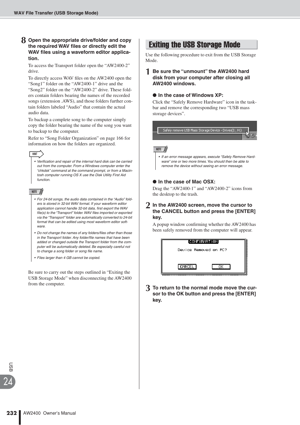 Exiting the usb storage mode | Yamaha AW2400 User Manual | Page 232 / 288