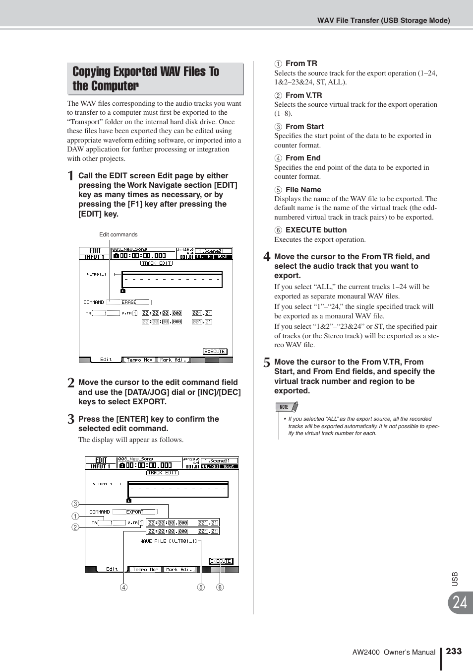 Copying exported wav files to the computer, Copying exported wav files, To the computer | P. 233) | Yamaha AW2400 User Manual | Page 233 / 288