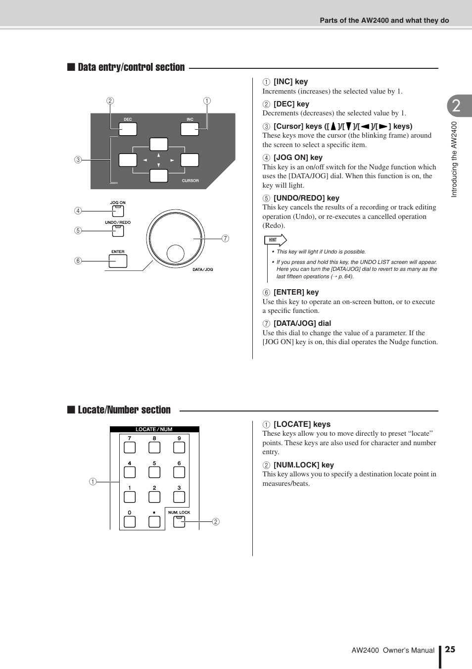 Data entry/control section (p. 25), Locate/number section (p. 25) | Yamaha AW2400 User Manual | Page 25 / 288