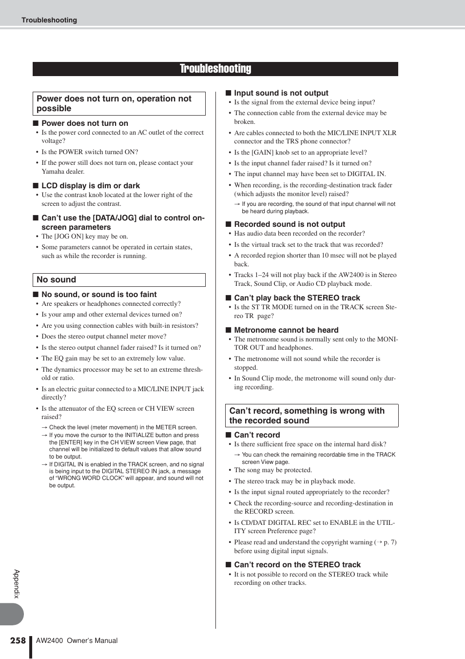 Troubleshooting | Yamaha AW2400 User Manual | Page 258 / 288