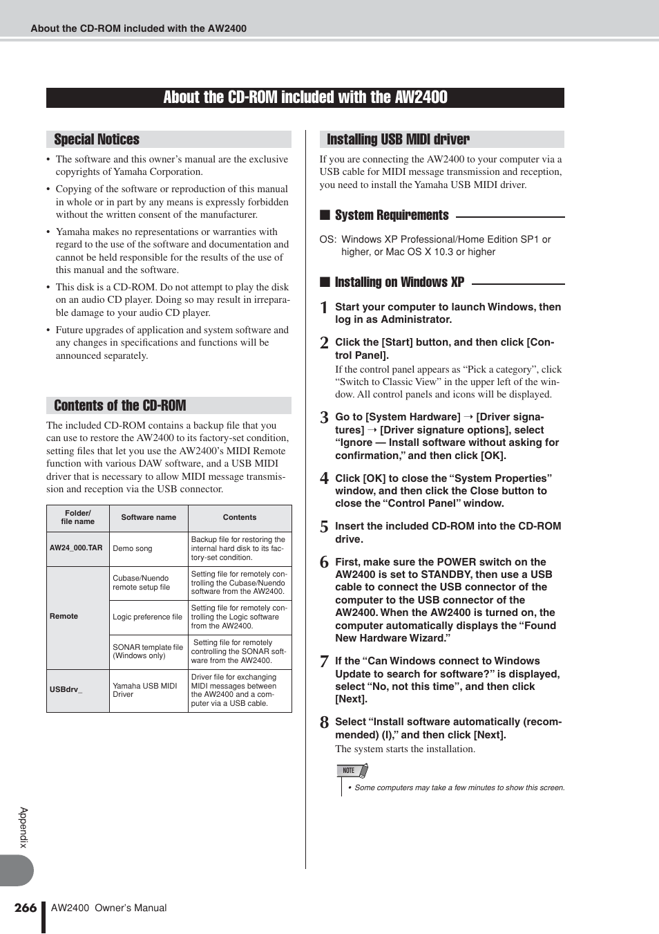 About the cd-rom included with the aw2400, Puters, P. 266) | System requirements ■ installing on windows xp | Yamaha AW2400 User Manual | Page 266 / 288