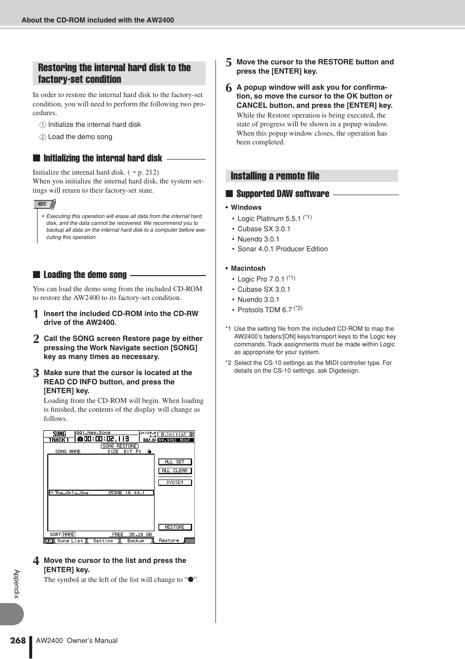 Installing a remote file, Initializing the internal hard disk, Loading the demo song | Supported daw software | Yamaha AW2400 User Manual | Page 268 / 288