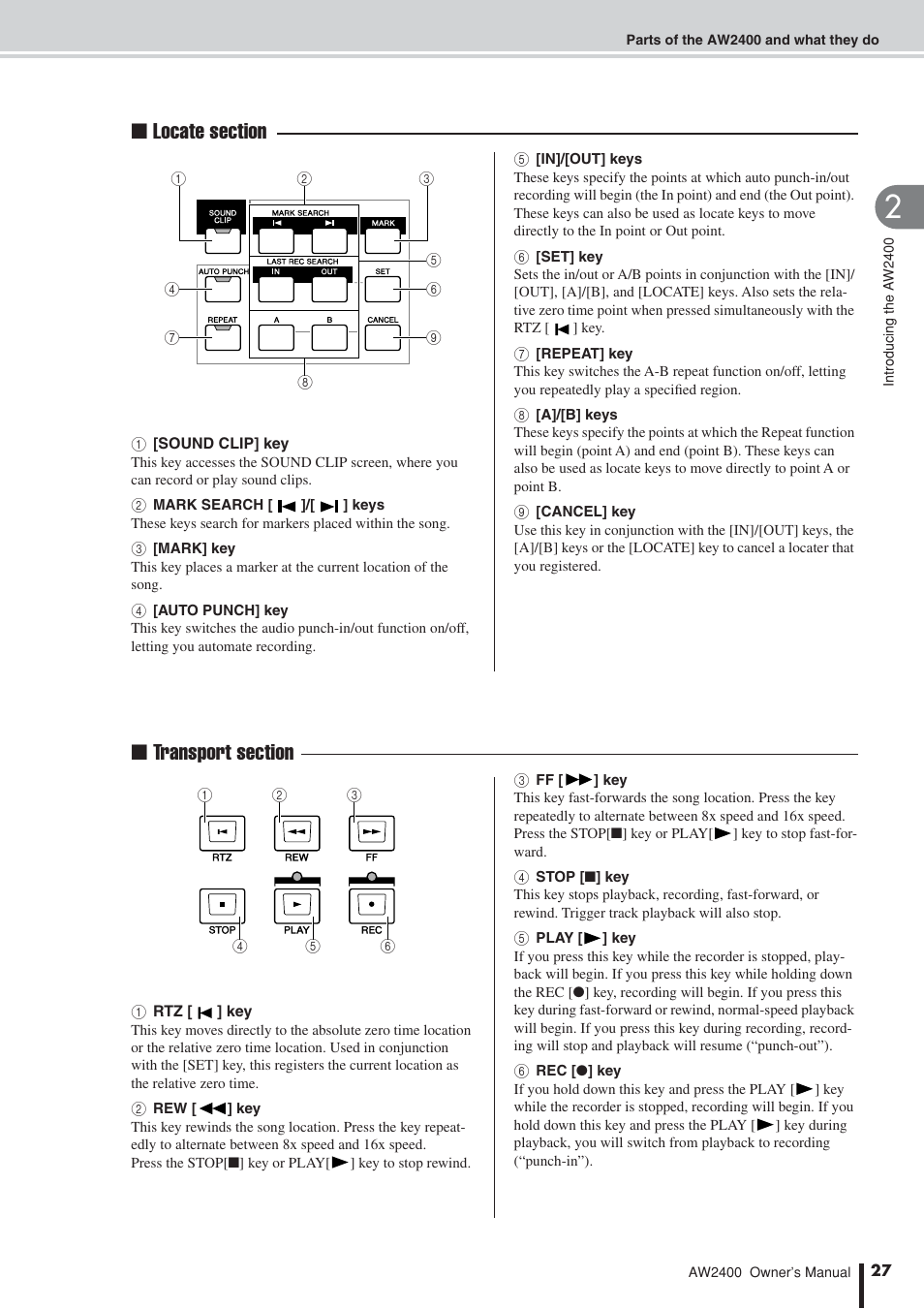 Locate section (p. 27), Transport section (p. 27) | Yamaha AW2400 User Manual | Page 27 / 288