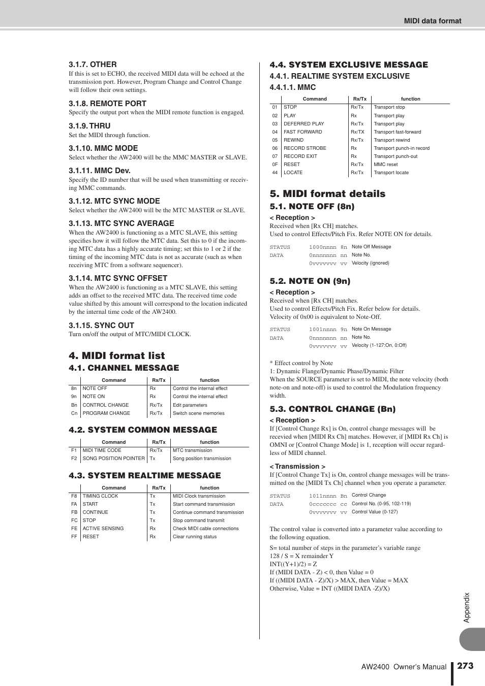 Midi format list, Midi format details, Control change (bn) | Other, Remote port, Thru, Mmc mode, Mmc dev, Mtc sync mode, Mtc sync average | Yamaha AW2400 User Manual | Page 273 / 288