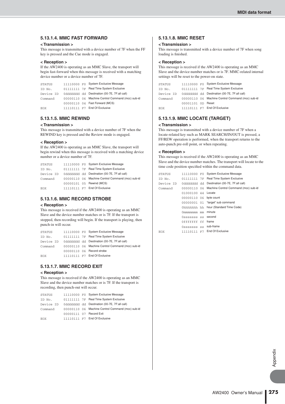 Mmc fast forward, Mmc rewind, Mmc record strobe | Mmc record exit, Mmc reset, Mmc locate (target) | Yamaha AW2400 User Manual | Page 275 / 288