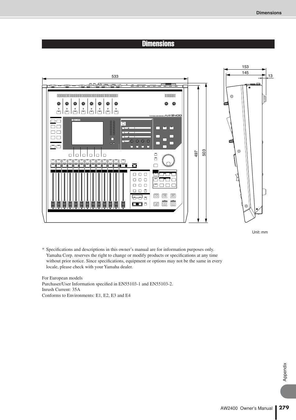 Dimensions | Yamaha AW2400 User Manual | Page 279 / 288