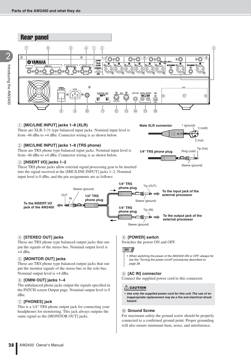 Rear panel | Yamaha AW2400 User Manual | Page 28 / 288