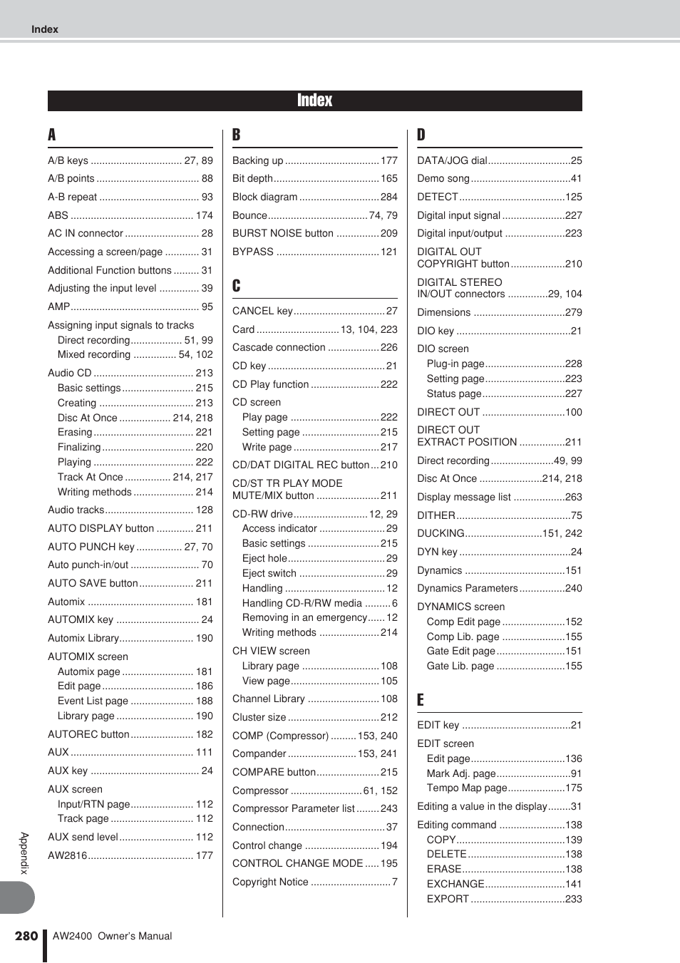 Index | Yamaha AW2400 User Manual | Page 280 / 288