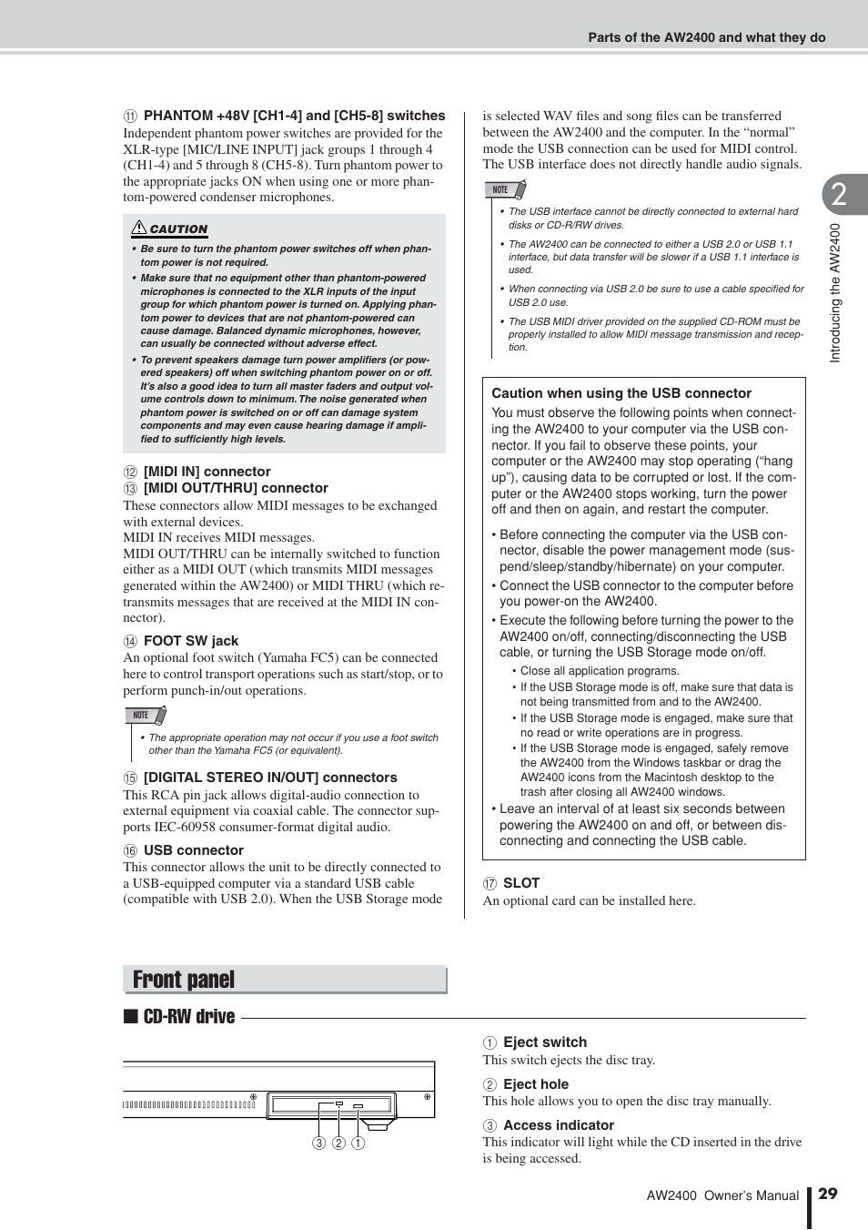 Front panel, Cd-rw drive | Yamaha AW2400 User Manual | Page 29 / 288