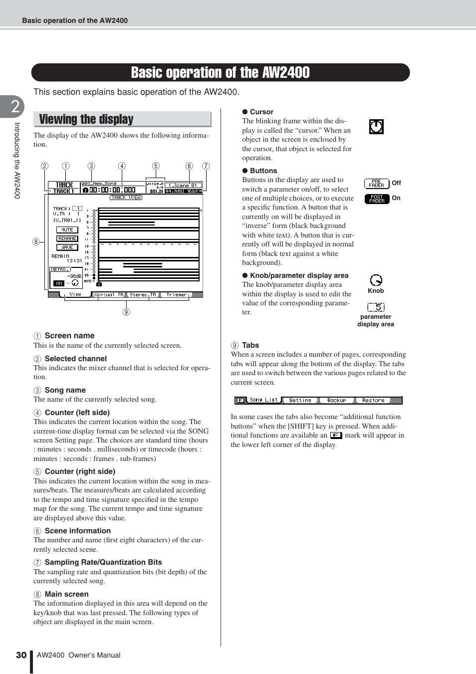 Basic operation of the aw2400, Viewing the display | Yamaha AW2400 User Manual | Page 30 / 288