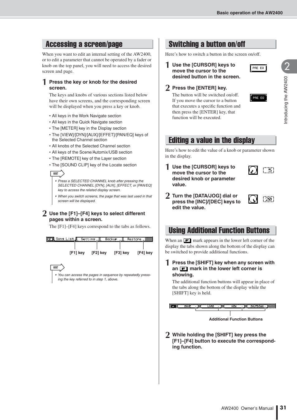 Switching a button on/off, Editing a value in the display, Using additional function buttons | Accessing a screen/page | Yamaha AW2400 User Manual | Page 31 / 288