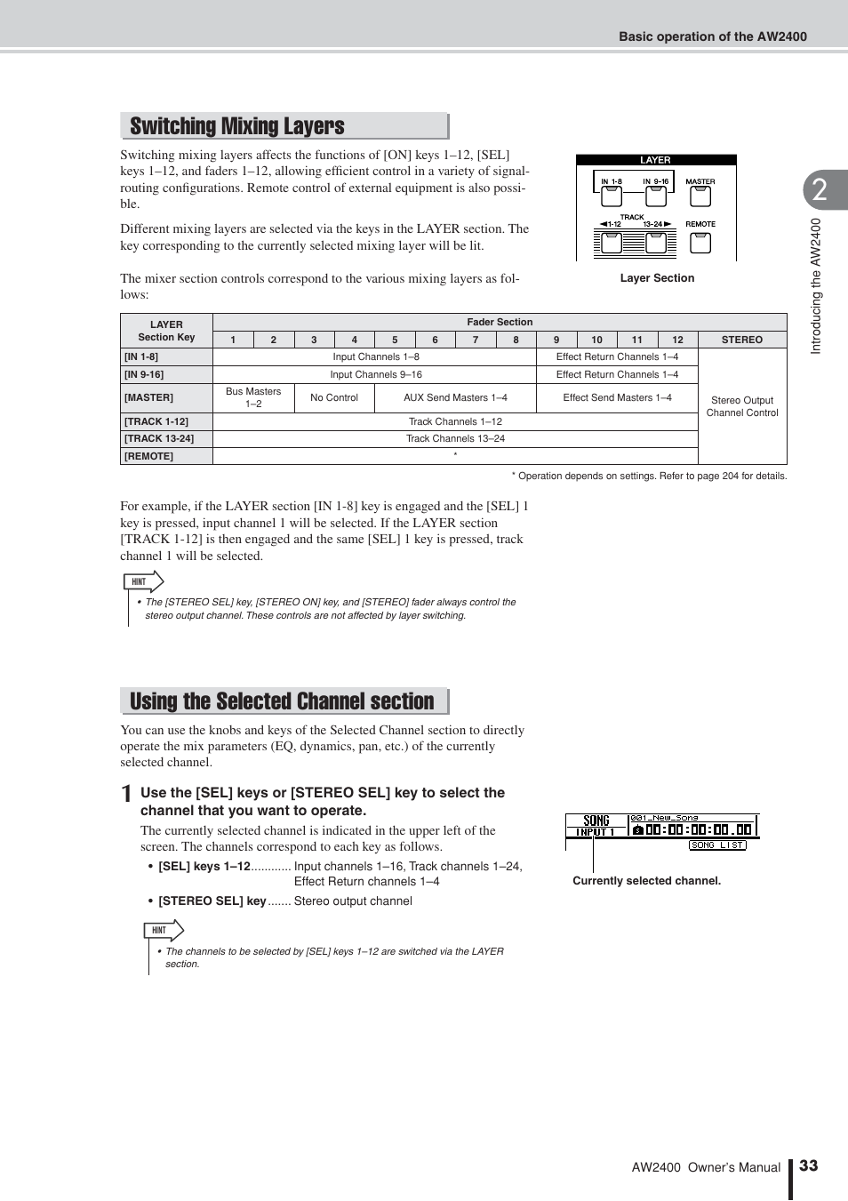 Switching mixing layers, Using the selected channel section | Yamaha AW2400 User Manual | Page 33 / 288