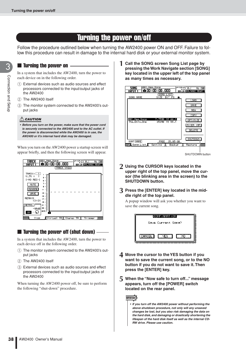 Turning the power on/off, Turning the power on, Turning the power off (shut down) | Yamaha AW2400 User Manual | Page 38 / 288