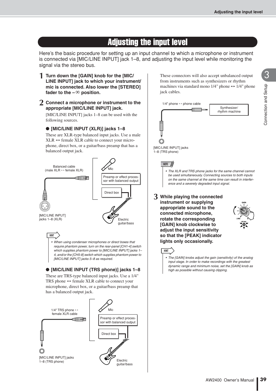 Adjusting the input level | Yamaha AW2400 User Manual | Page 39 / 288