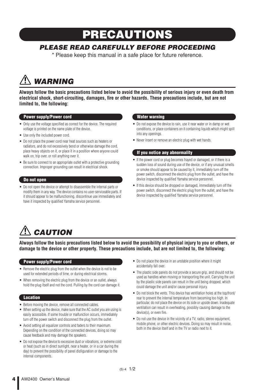 Precautions, Warning, Caution | Please read carefully before proceeding | Yamaha AW2400 User Manual | Page 4 / 288