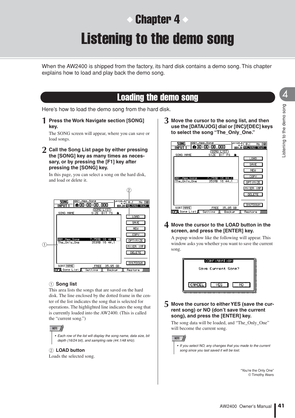 Listening to the demo song, Loading the demo song, Chapter 4 | Yamaha AW2400 User Manual | Page 41 / 288