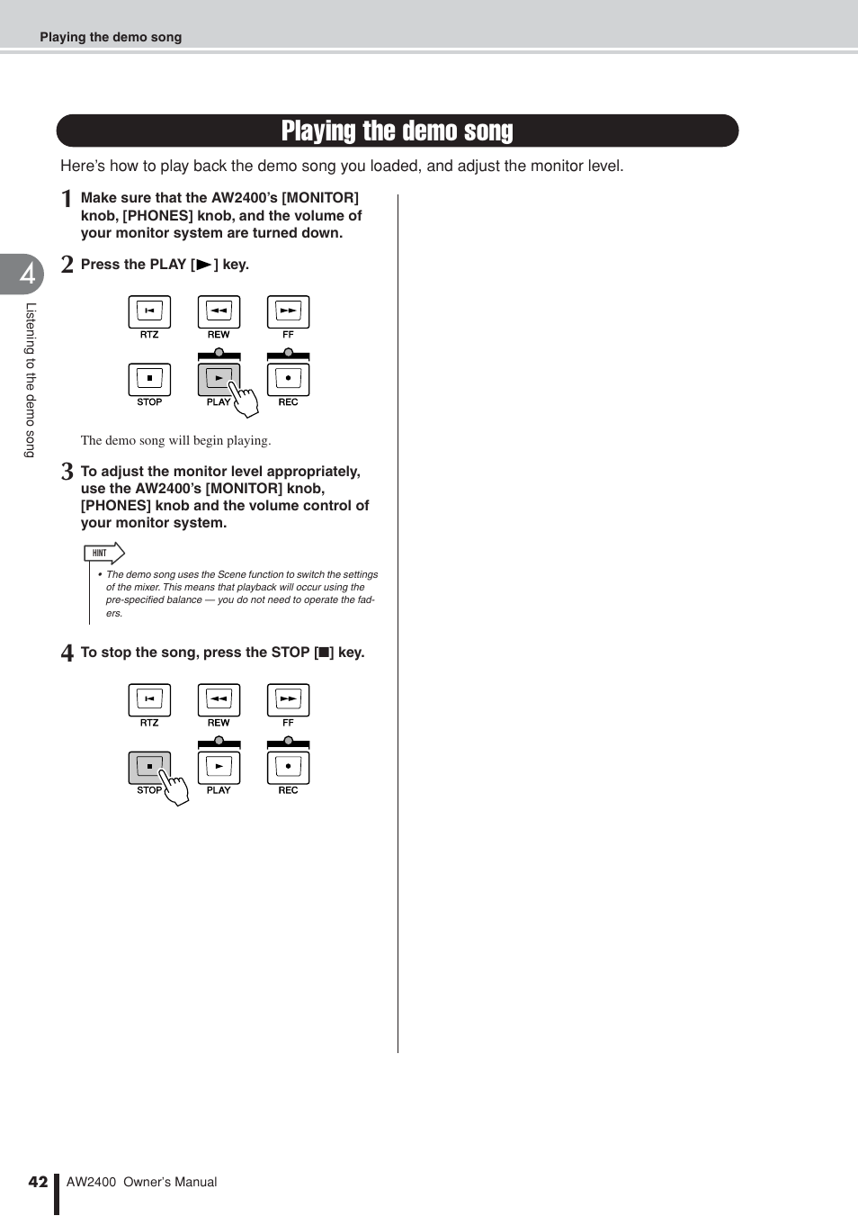 Playing the demo song | Yamaha AW2400 User Manual | Page 42 / 288