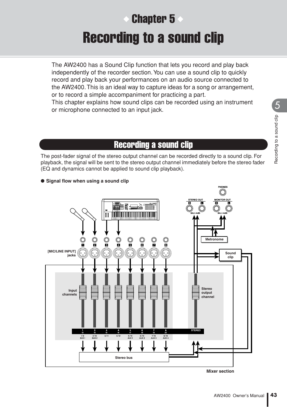 Recording to a sound clip, Recording a sound clip, Chapter 5 | Yamaha AW2400 User Manual | Page 43 / 288