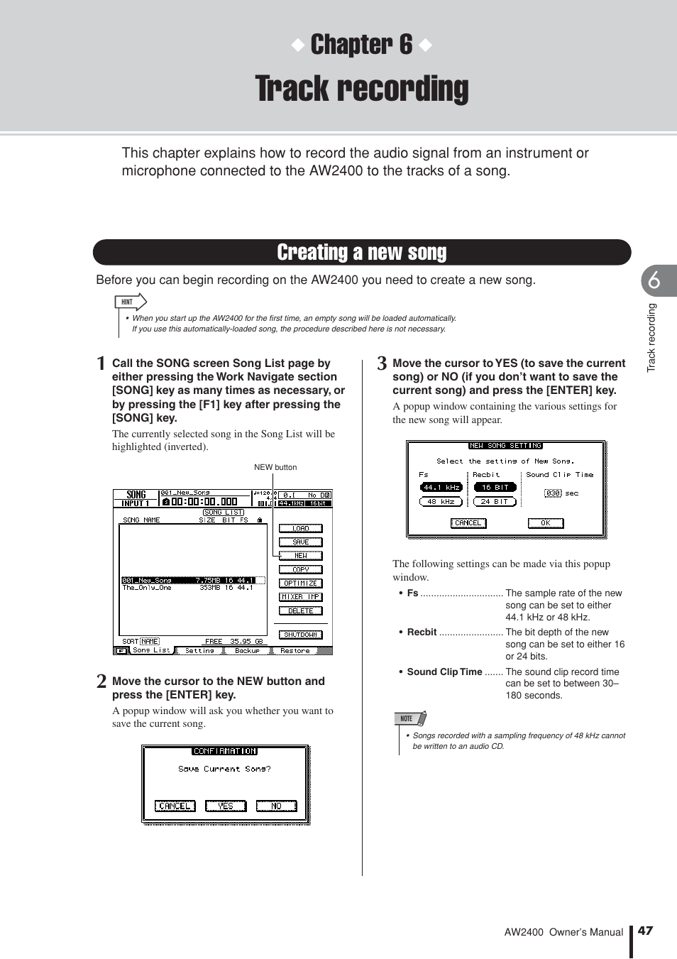 Track recording, Creating a new song, P. 47) | Chapter 6 | Yamaha AW2400 User Manual | Page 47 / 288