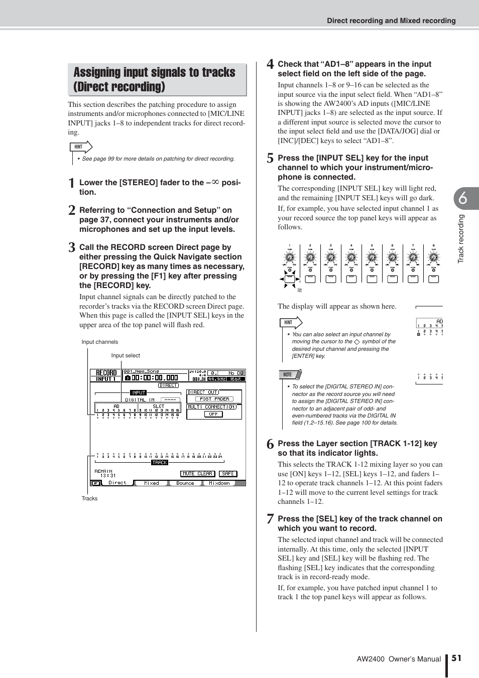 Assigning input signals to tracks, Direct recording) | Yamaha AW2400 User Manual | Page 51 / 288